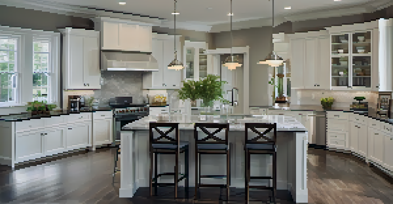 An elegant kitchen with granite countertops, stainless steel appliances, and a modern island, illuminated by warm lighting.