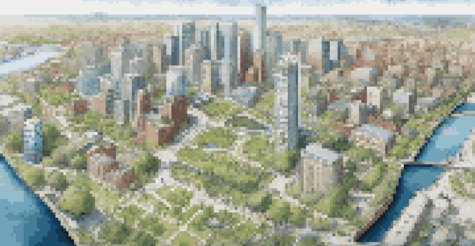Aerial view of a city with green parks and roofs, showcasing effective urban planning for climate resilience.