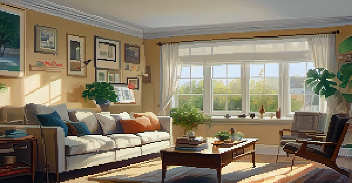 A warm and inviting living room with a sofa, coffee table, and a view of a sunny garden through the window, decorated with family photos and books about finance.