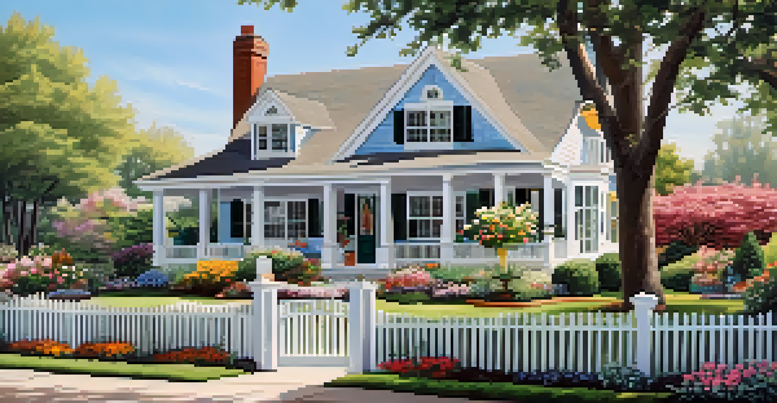 A suburban home with a well-maintained garden and a white picket fence under a clear blue sky.