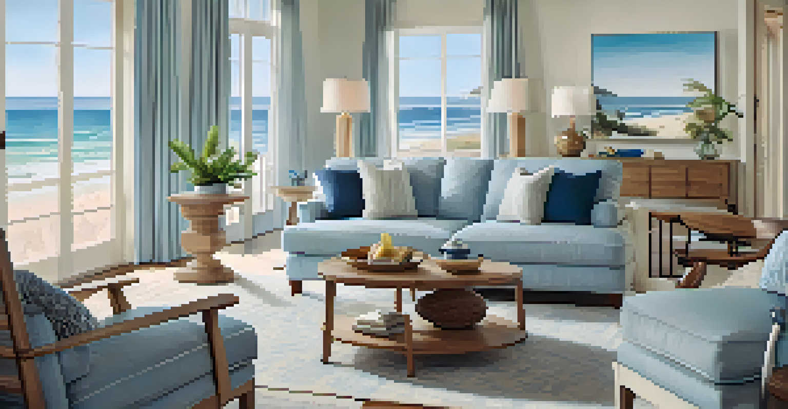 A stylish living room with a blue sofa, wooden coffee table, and beach-themed decor, filled with natural light from large windows.