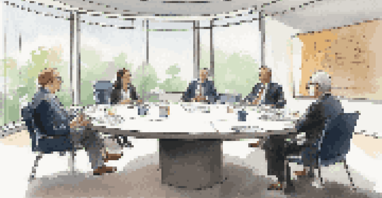 A mediator facilitating a session between two parties at a round table in a bright office.
