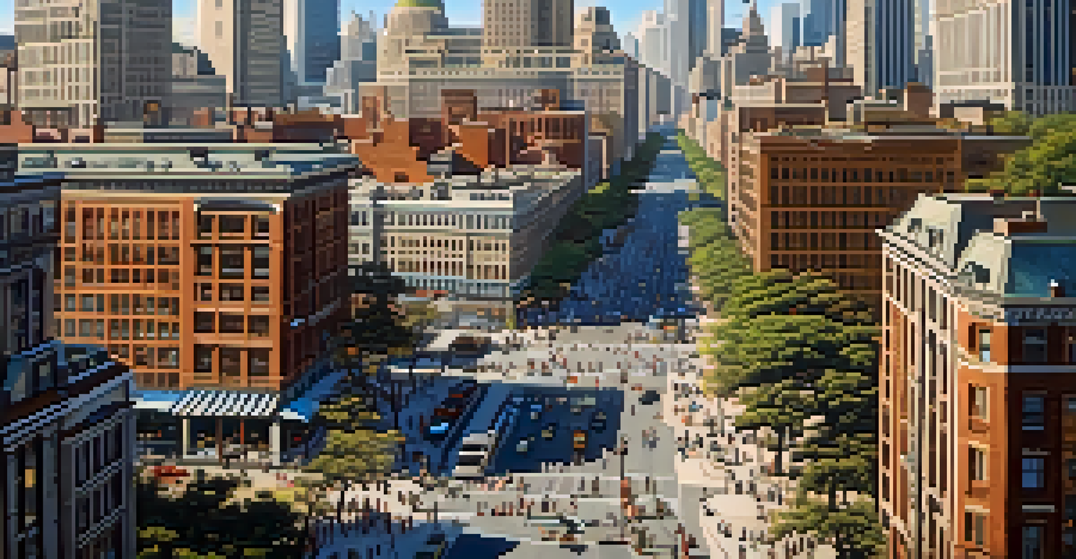 An aerial view of a lively urban city with high-rise buildings and busy streets.