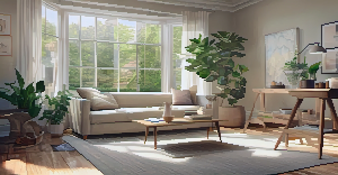 A cozy living room with a sofa, coffee table, and a home warranty brochure on the table, illuminated by sunlight.