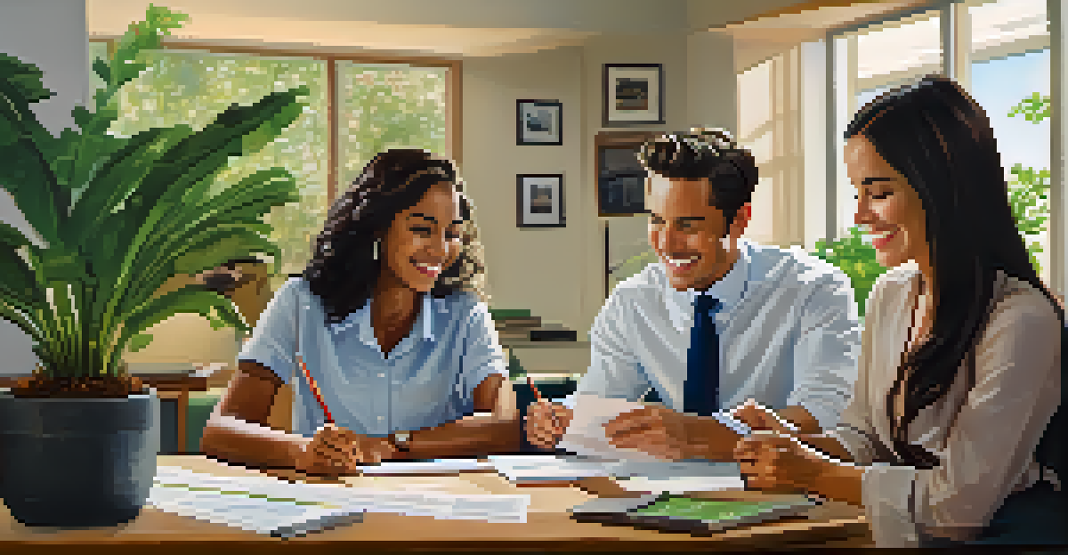 A young couple smiling as they review their credit report with a counselor in a cozy office.