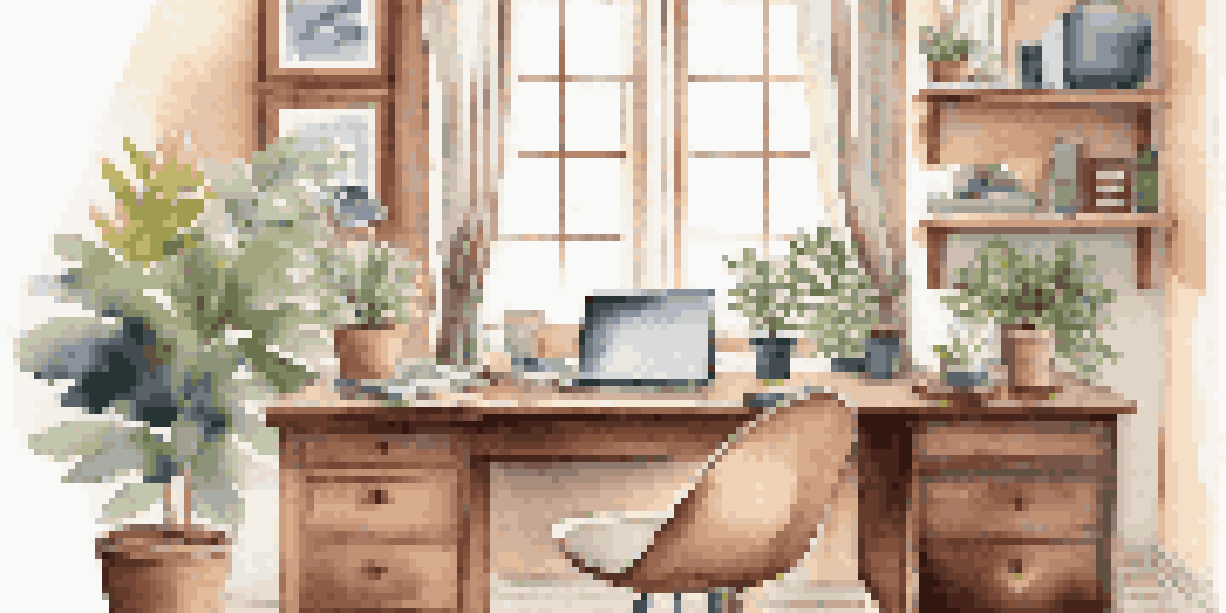 A cozy home office with a wooden desk, laptop, and potted plant, illuminated by warm natural light from a large window.