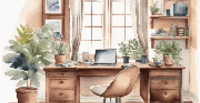 A cozy home office with a wooden desk, laptop, and potted plant, illuminated by warm natural light from a large window.