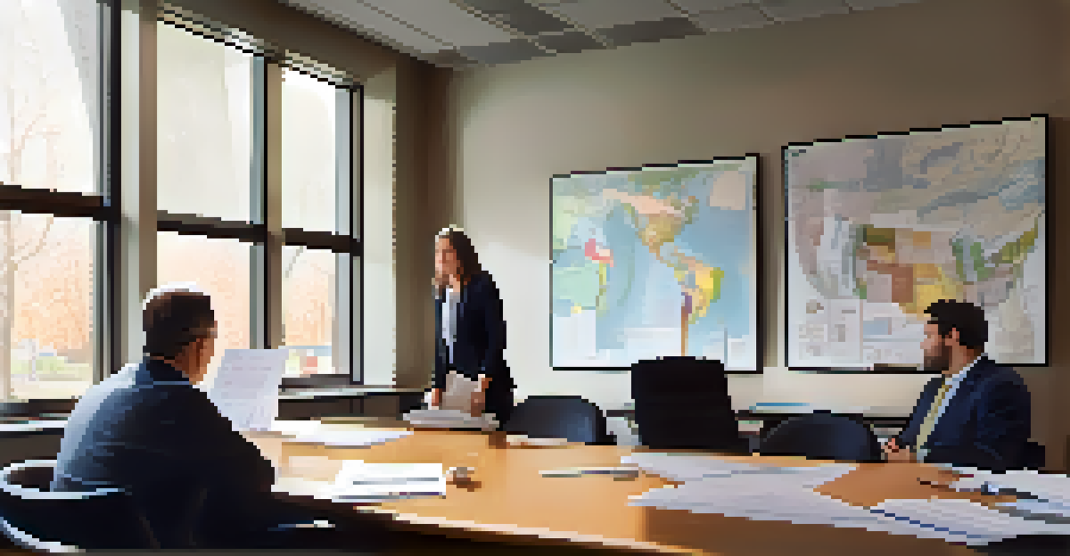 A zoning consultant discussing with property owners in an office filled with maps and documents, illuminated by natural light from large windows.