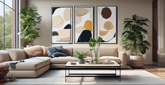 A bright and inviting living room with large windows, modern furniture, and decorative plants.