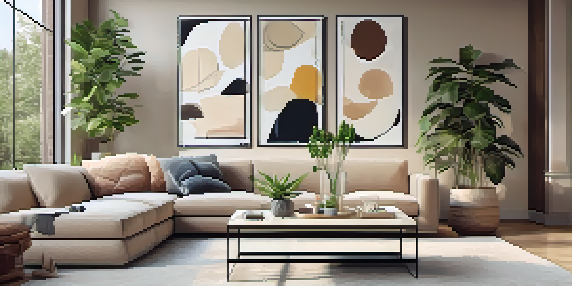 A bright and inviting living room with large windows, modern furniture, and decorative plants.