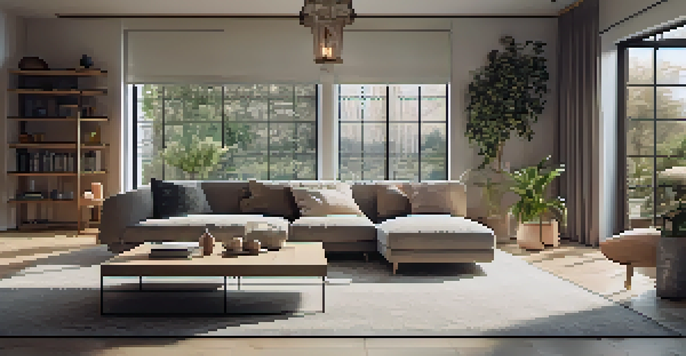 A modern cozy living room with natural light, a plush sofa, wooden coffee table, decorative plant, and a bookshelf filled with books.