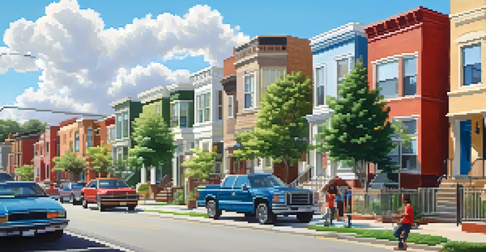 A colorful urban scene depicting a variety of housing types and diverse community members interacting on a sunny day.