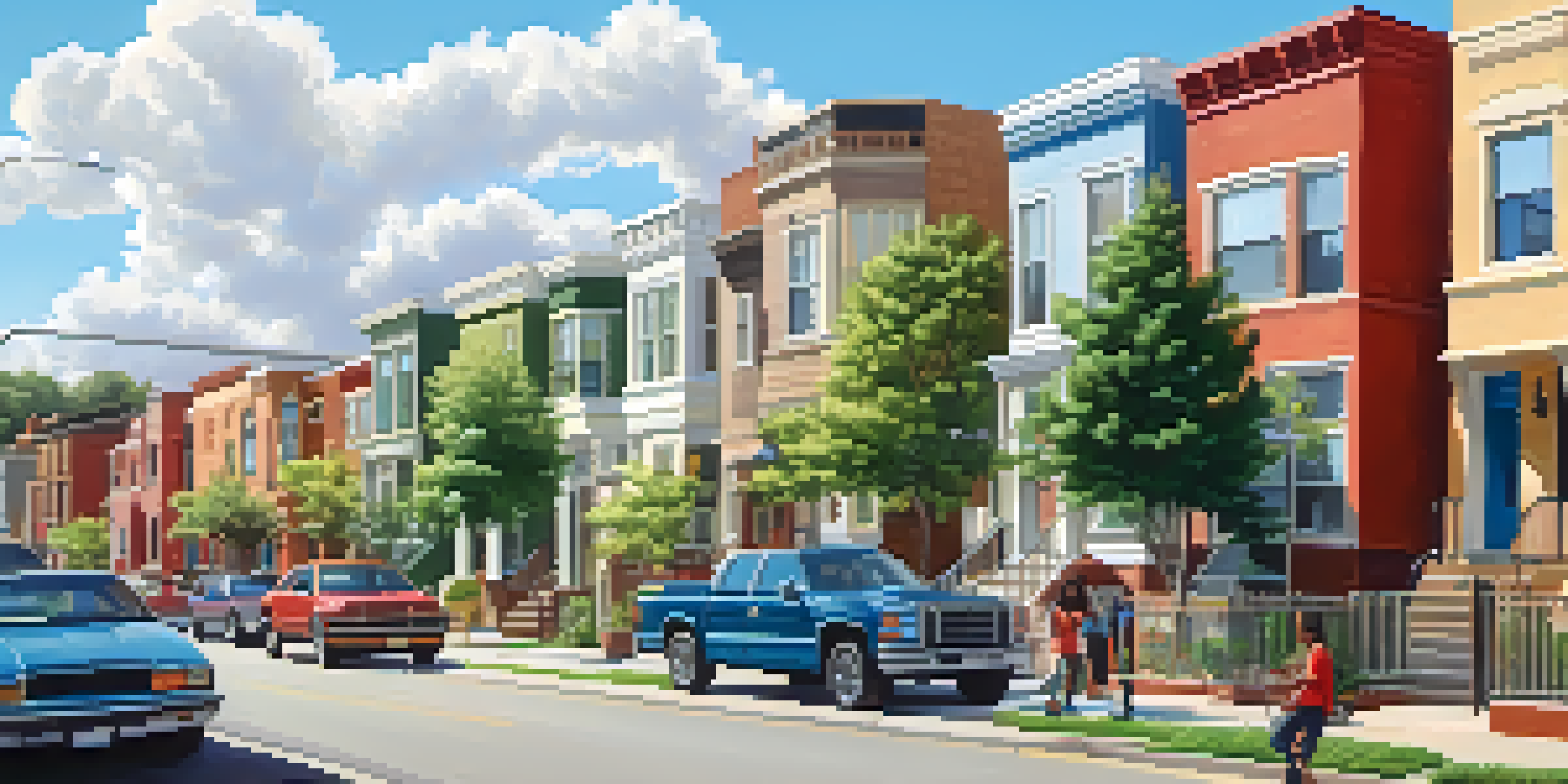 A colorful urban scene depicting a variety of housing types and diverse community members interacting on a sunny day.