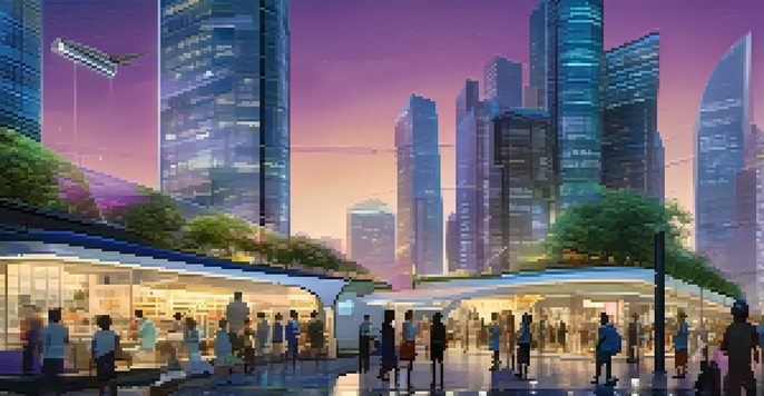 A vibrant smart city at dusk featuring modern buildings with solar panels, greenery, and people using digital kiosks alongside autonomous vehicles.