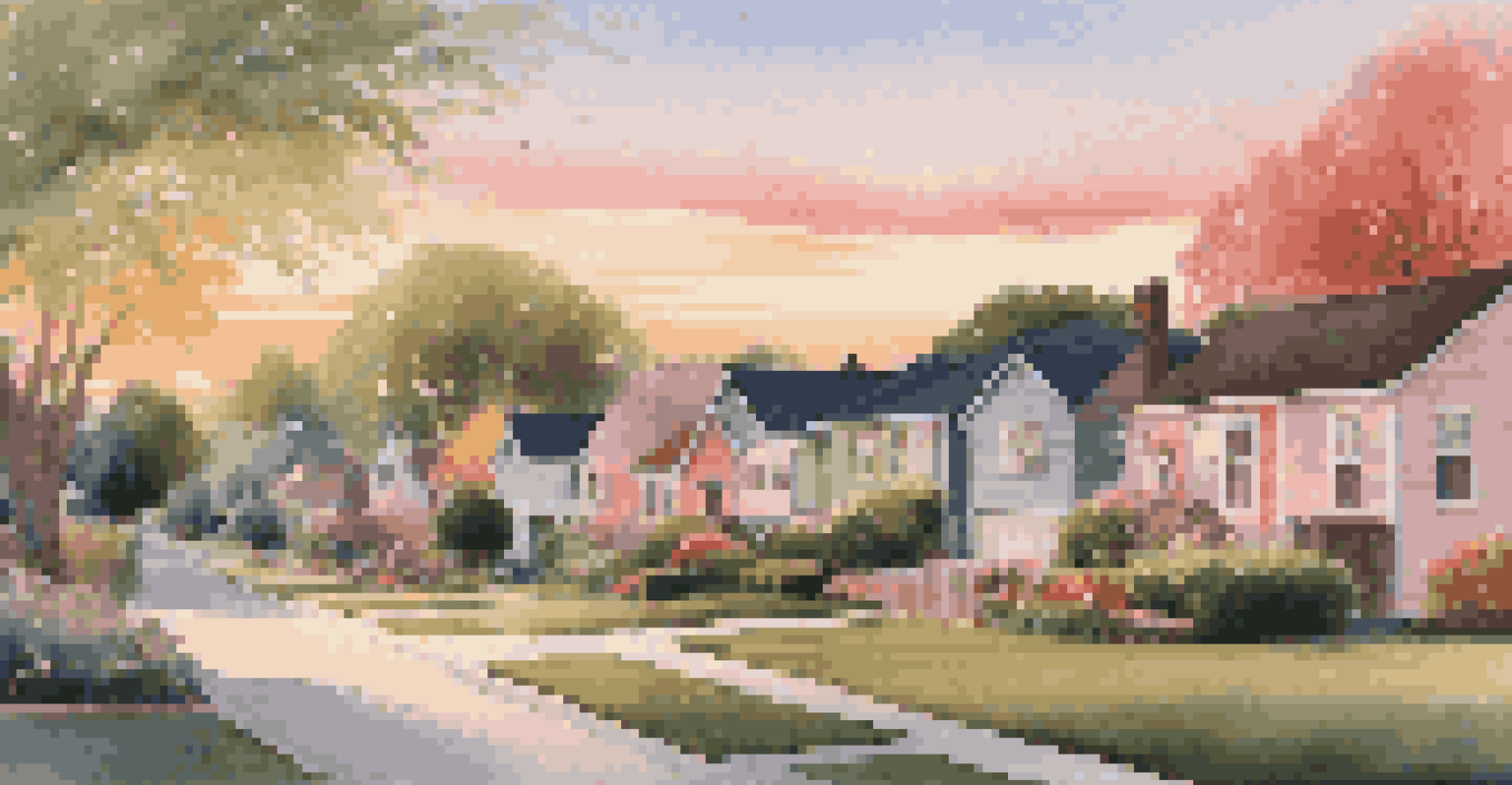 A picturesque suburban neighborhood at sunset with houses, gardens, and a family enjoying time together in the backyard.