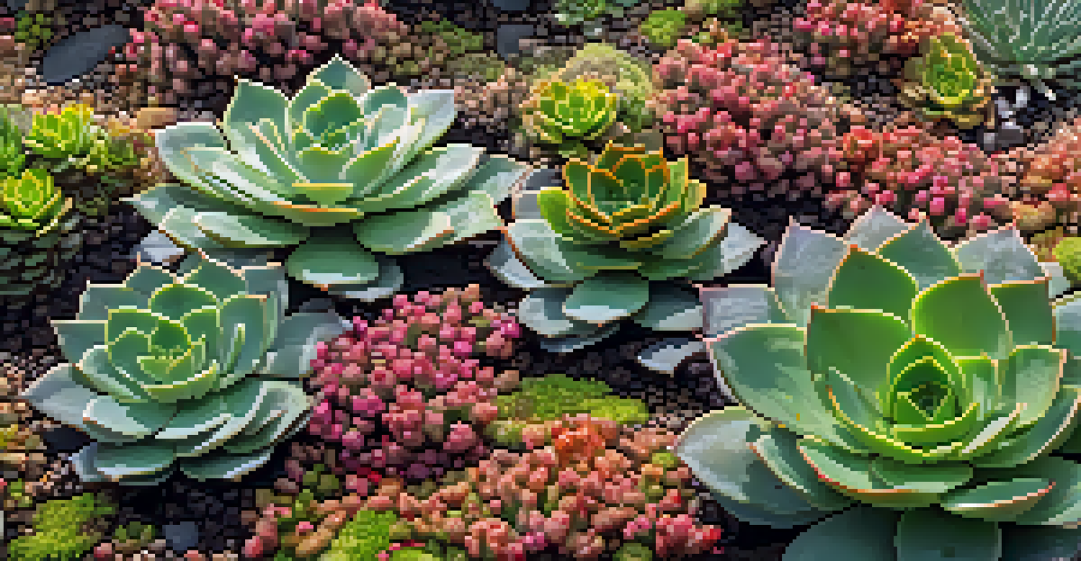 Close-up of a green roof featuring succulents and sedums, with water droplets on the plants, illuminated by sunlight.
