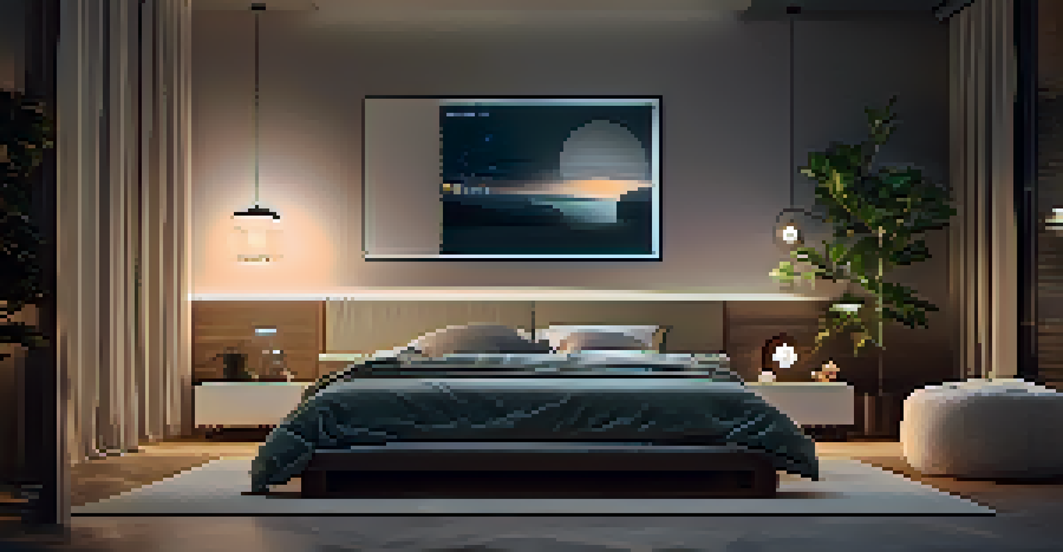 A peaceful bedroom with a voice assistant on a bedside table, dim lighting, and a cozy bed, illustrating a calm atmosphere.