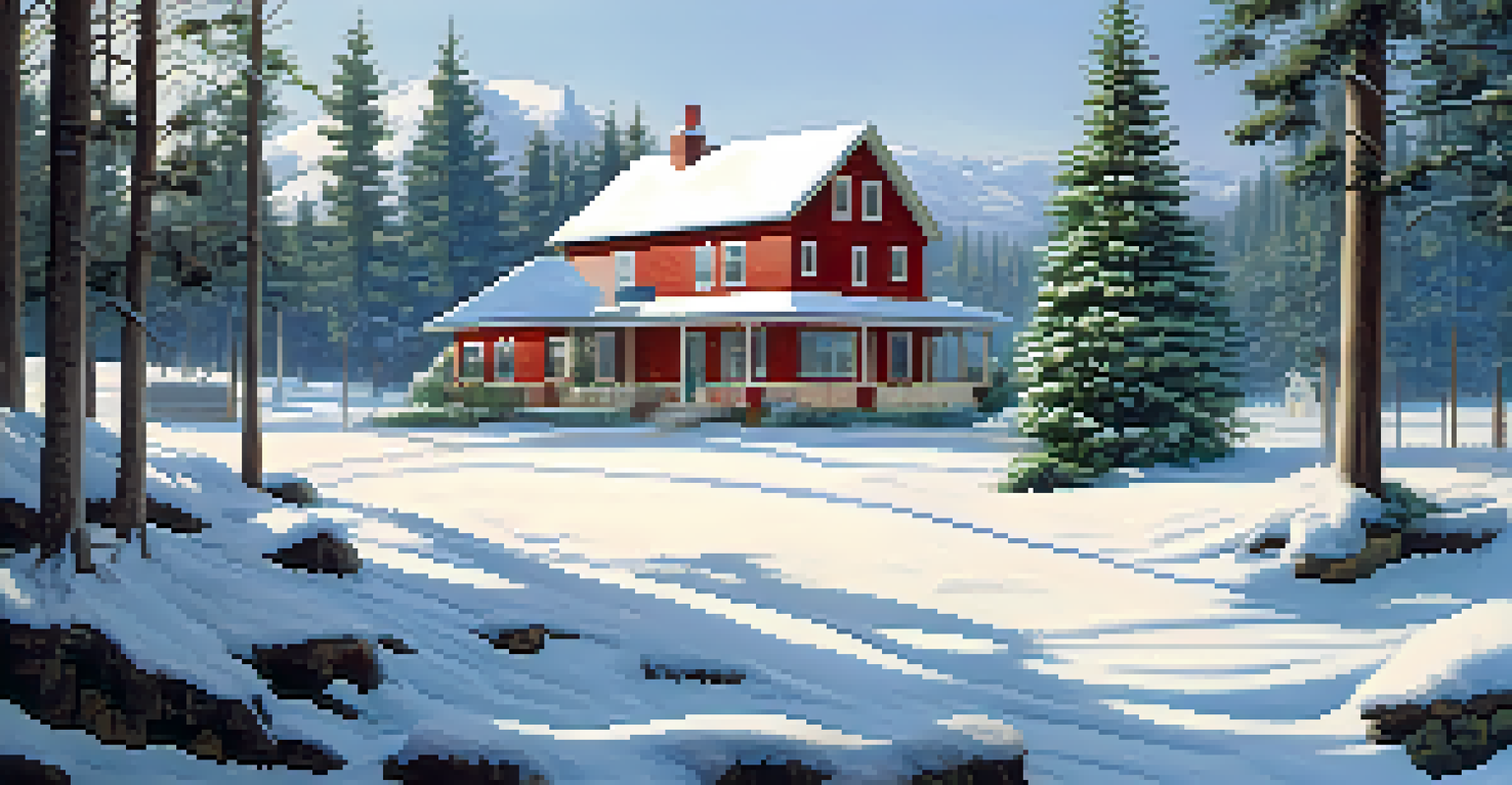 A seasonal landscape with a house well-oriented for sunlight in winter and shade in summer, with snow and greenery depicted.