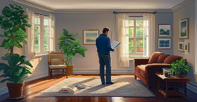 A home inspector examining the foundation of a cozy living room with sunlight streaming through the windows.