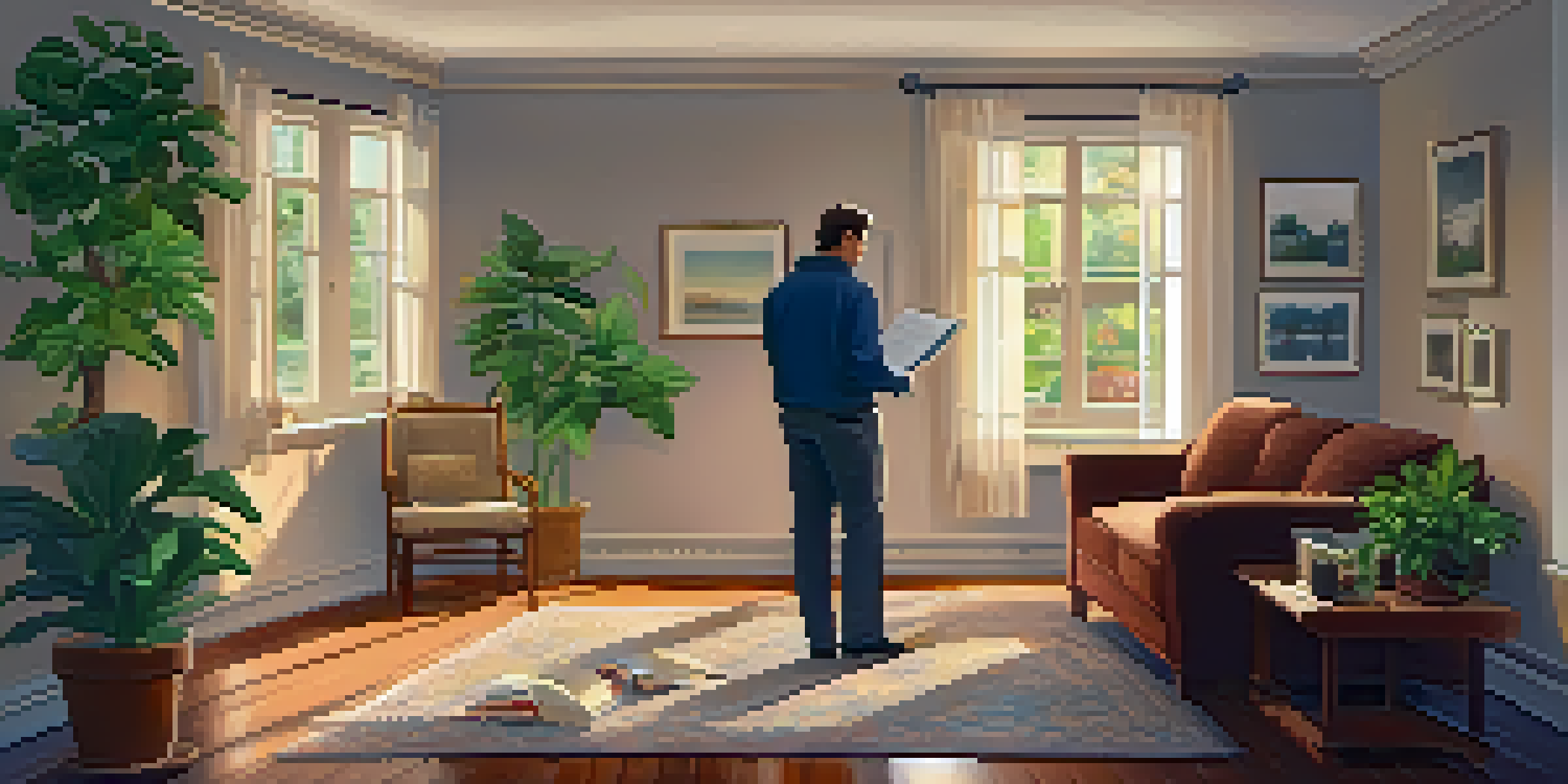 A home inspector examining the foundation of a cozy living room with sunlight streaming through the windows.