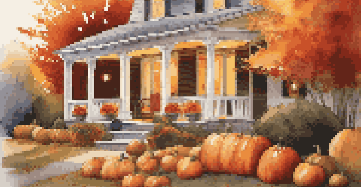 A cozy autumn porch adorned with pumpkins and colorful leaves, illuminated by the warm glow of the setting sun.
