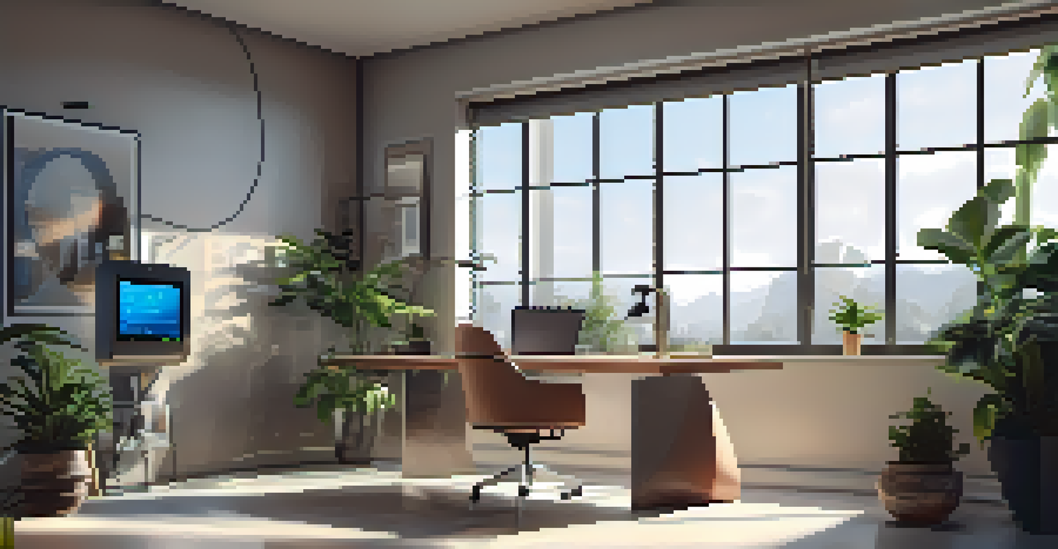 A sleek home office with a smart thermostat and a minimalist desk setup, illuminated by natural light.