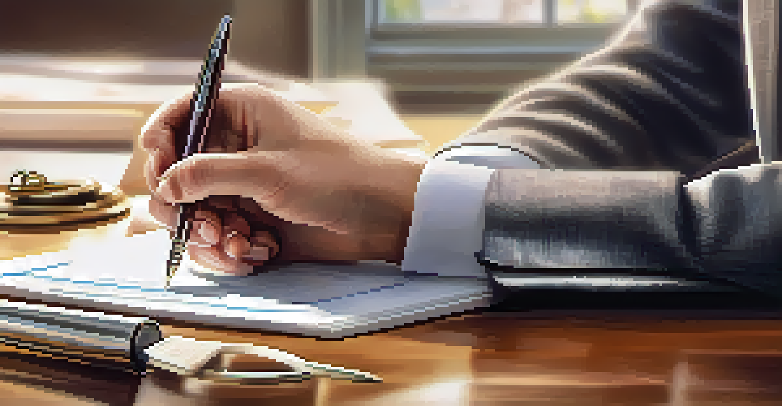 A close-up of a hand holding a pen over a contract with a house key nearby, blurred house in the background.