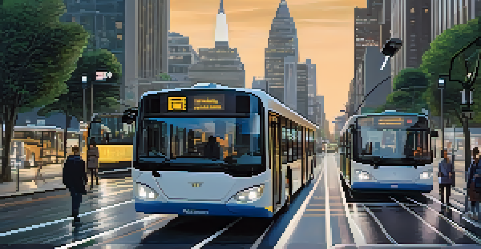 A contemporary city scene featuring electric buses, bicycles, and illuminated smart streetlights, emphasizing sustainable transportation.