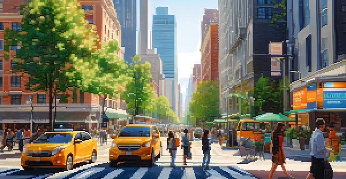 A busy city street with people using smart technology, surrounded by greenery and colorful shops, illuminated by soft sunlight.