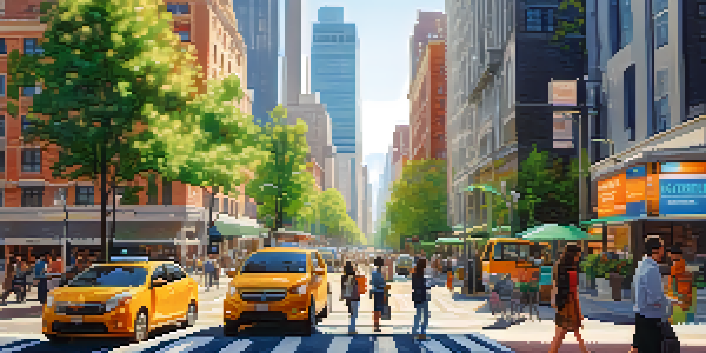 A busy city street with people using smart technology, surrounded by greenery and colorful shops, illuminated by soft sunlight.