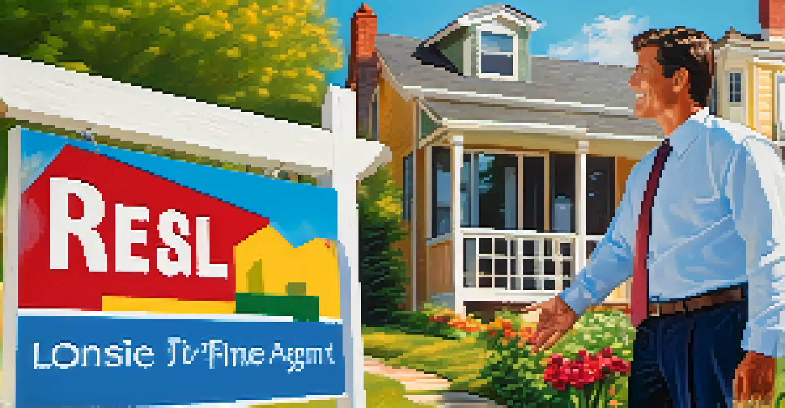 A real estate agent shaking hands with a client in front of a sold house, both smiling in a sunny outdoor setting.