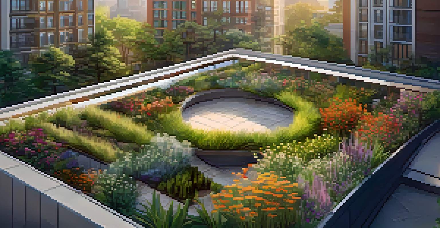An aerial view of a green roof garden with native plants and winding pathways, bathed in warm sunlight.