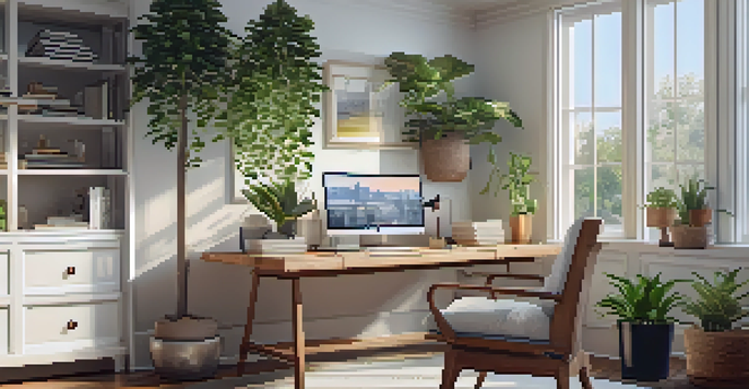 A bright home office with a wooden desk, laptop, indoor plants, and large windows overlooking a suburban neighborhood.