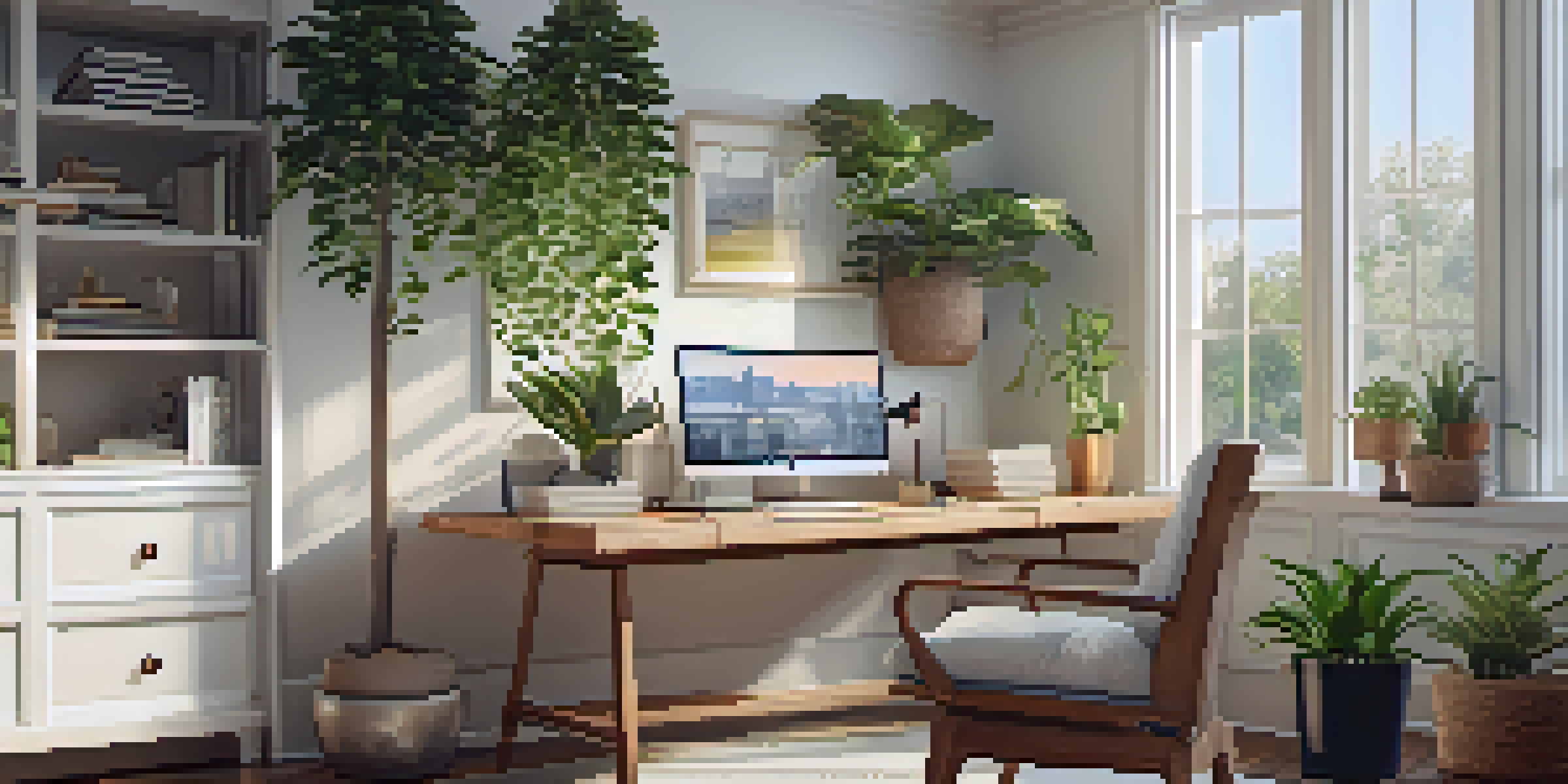 A bright home office with a wooden desk, laptop, indoor plants, and large windows overlooking a suburban neighborhood.