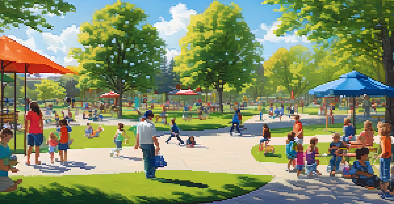 A community park with families picnicking, children playing, and green trees under a clear blue sky.
