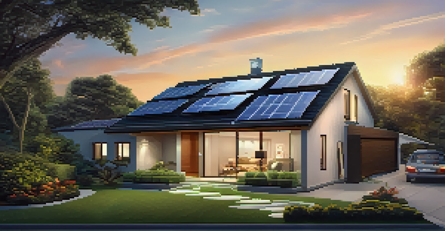 A contemporary home with solar panels and smart security features, illuminated by a picturesque sunset.