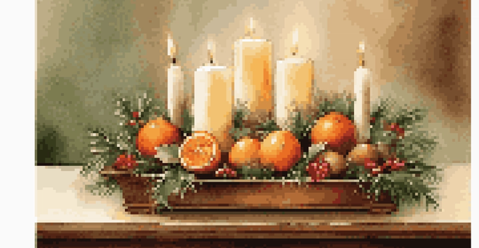 A festive table centerpiece with candles, seasonal fruits, and greenery arranged on a wooden tray.