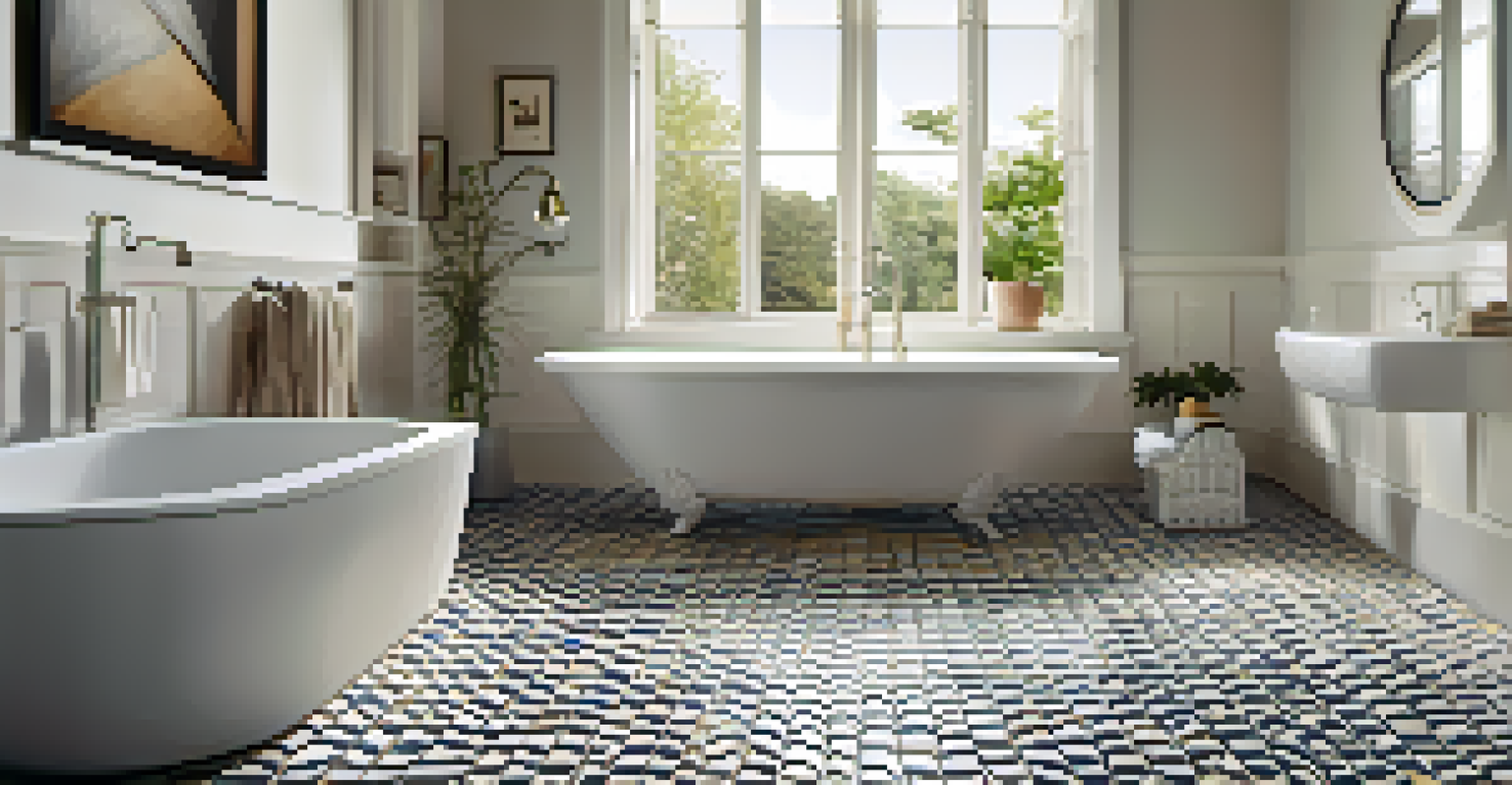 A stylish bathroom floor with non-slip tiles arranged in a contrasting pattern, illuminated by natural light.