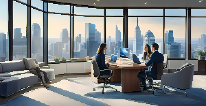 A diverse group of real estate agents discussing over a digital tablet in a modern office with a city skyline visible through large windows.