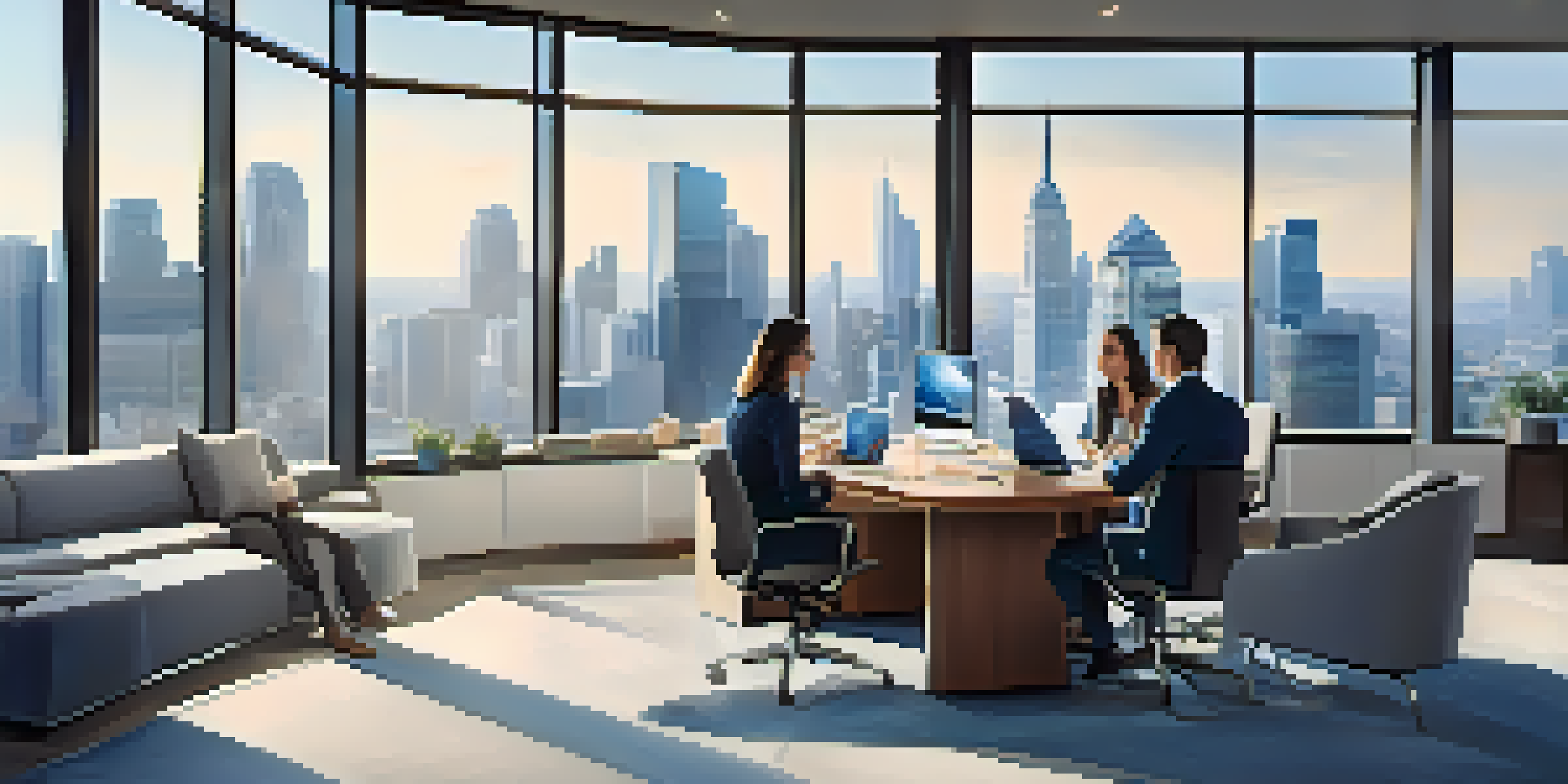 A diverse group of real estate agents discussing over a digital tablet in a modern office with a city skyline visible through large windows.