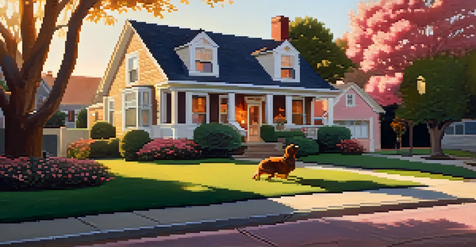 A peaceful suburban neighborhood at sunset with beautiful homes and blooming gardens, and a dog playing in the yard.