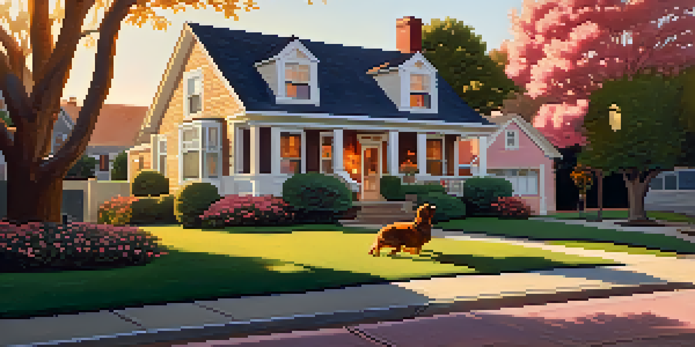 A peaceful suburban neighborhood at sunset with beautiful homes and blooming gardens, and a dog playing in the yard.