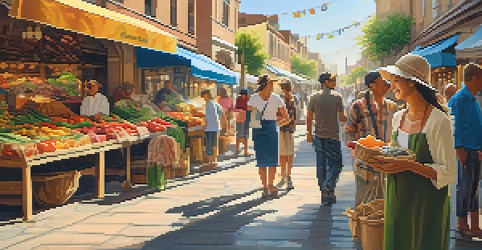 A lively local market with colorful stalls and happy shoppers interacting with vendors under warm sunlight.