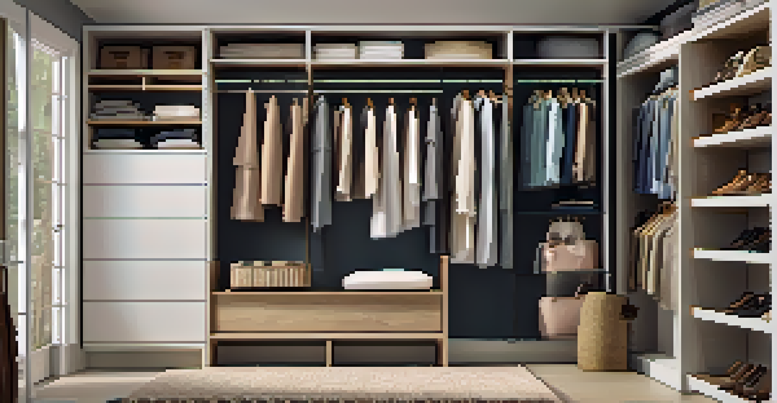An organized closet showcasing neatly arranged clothes and storage, with a full-length mirror reflecting the tidy space.