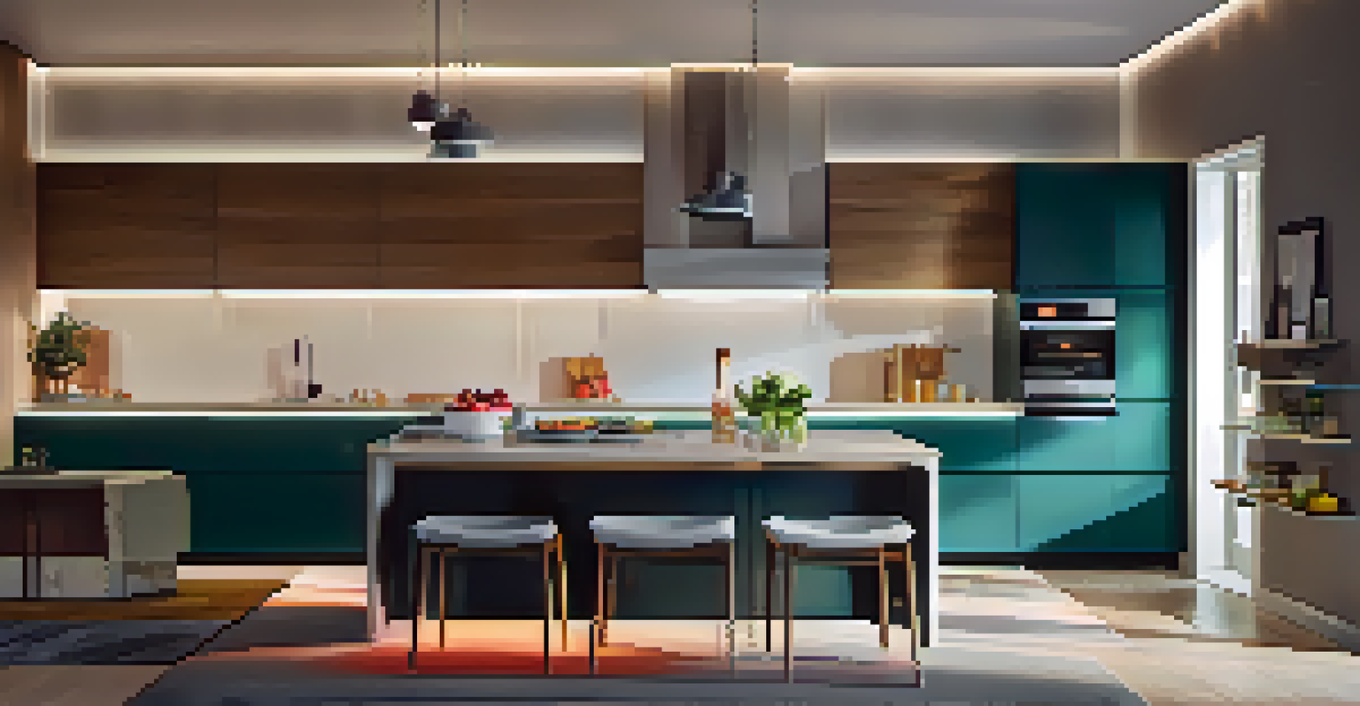 A modern kitchen with under-cabinet LED lights illuminating the countertops, featuring a smart speaker with a colorful light setting.