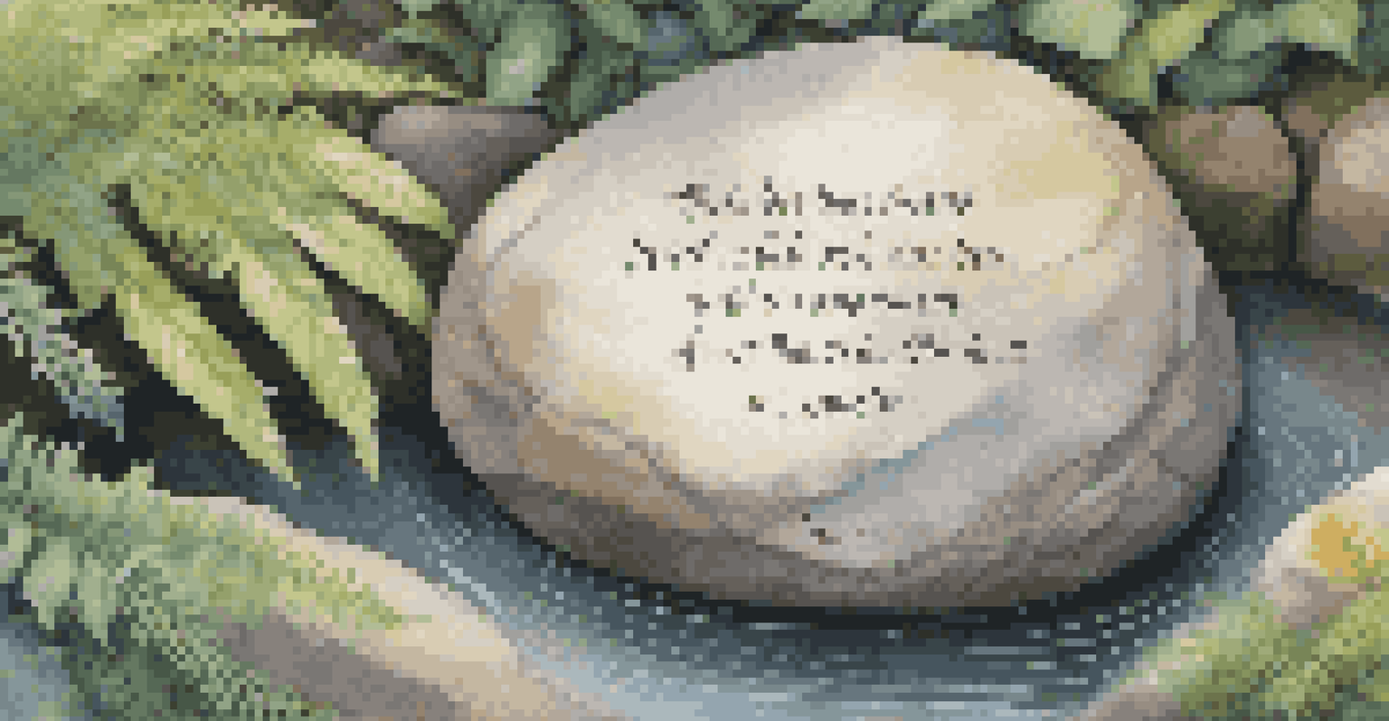 A close-up of a stone with an inspirational quote, next to a water feature, surrounded by ferns and flowers in a meditation garden.