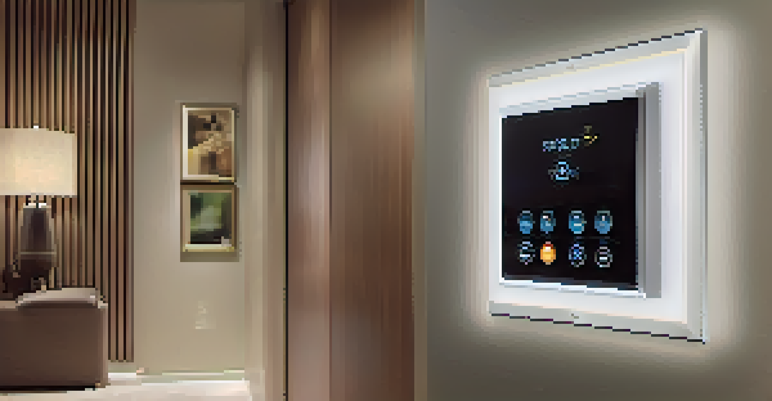 A close-up view of a smart lighting control panel with a touchscreen interface in a modern hallway.