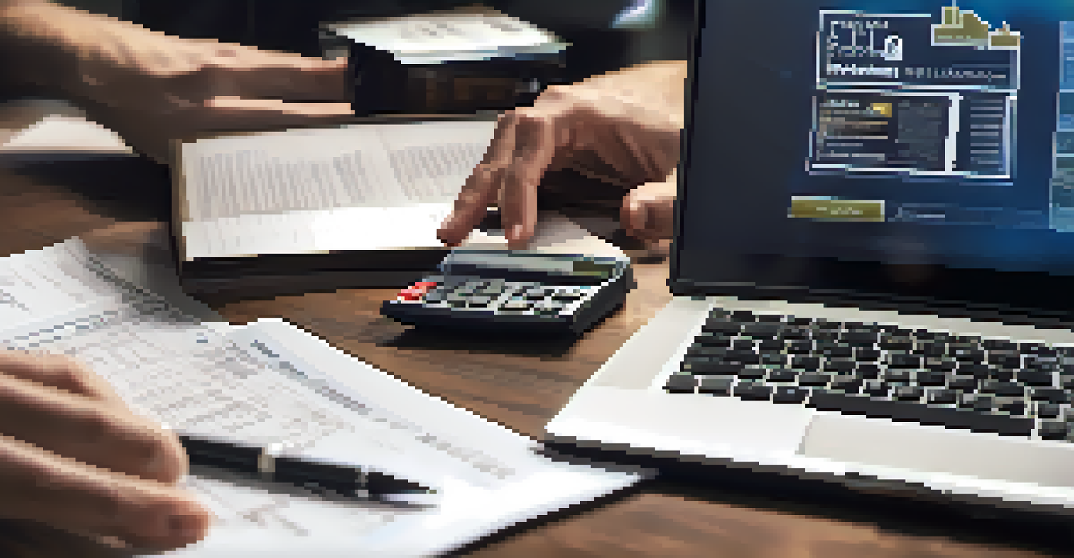 Close-up of hands using a calculator and looking at tax documents, with a laptop displaying real estate investment information in the background.