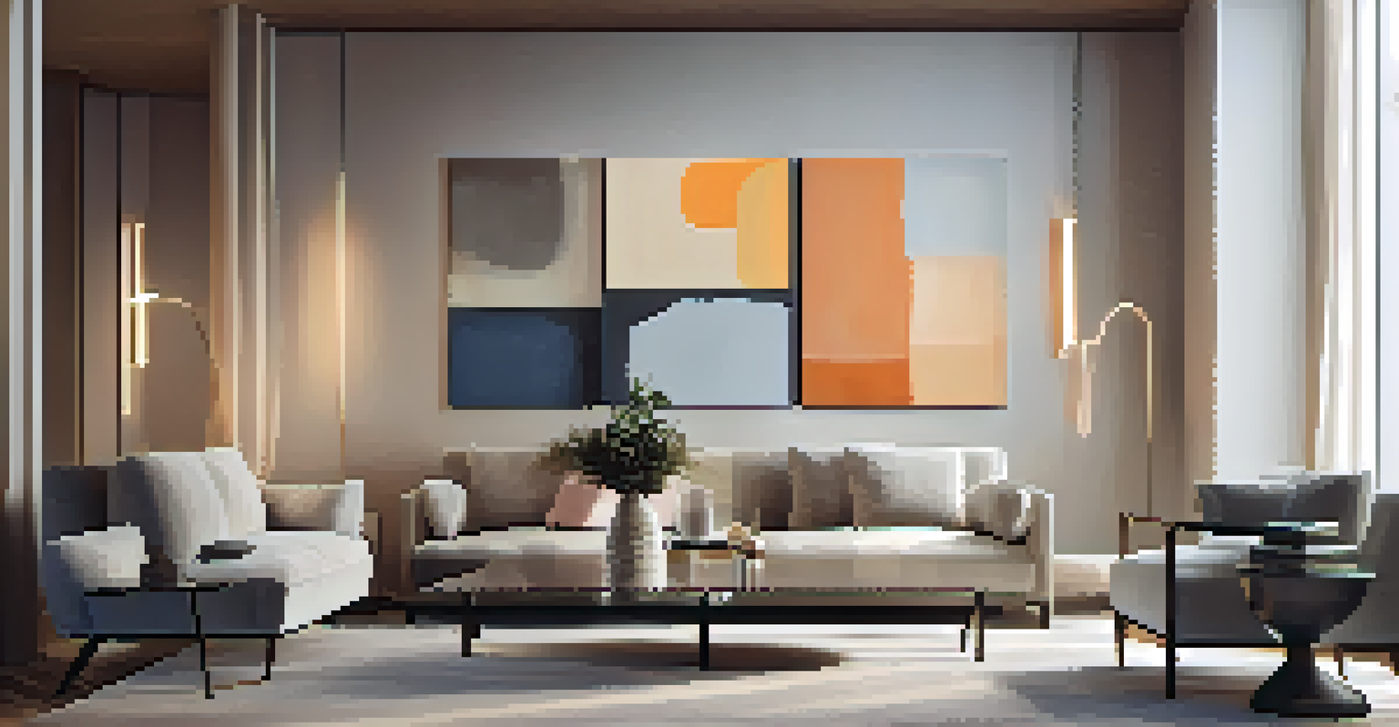 A modern room with three stylish floor lamps of different heights, layered lighting enhancing a minimalist decor.