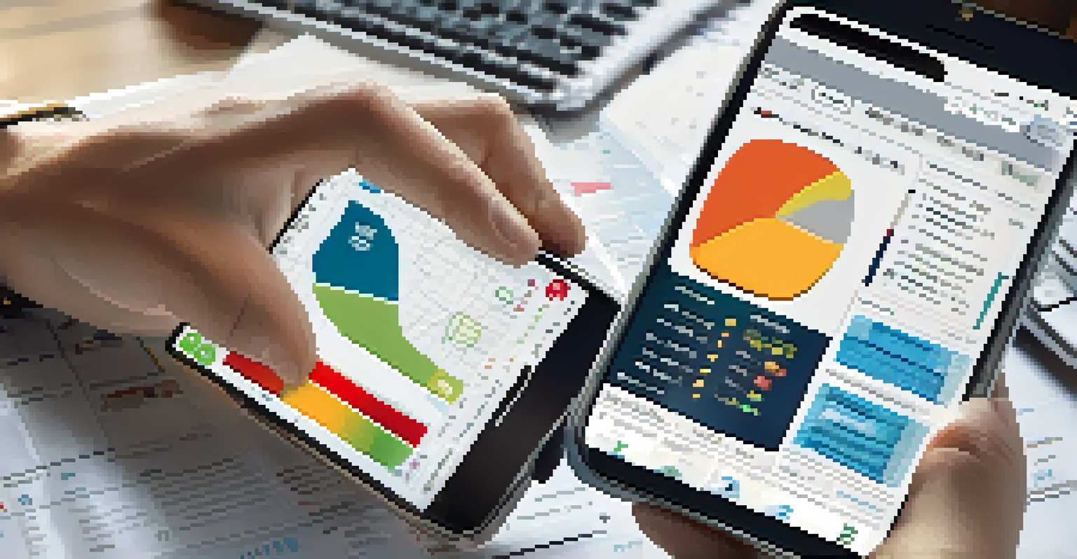 A hand holding a smartphone showing a stock trading app, with financial newspapers and a laptop displaying graphs in the background.